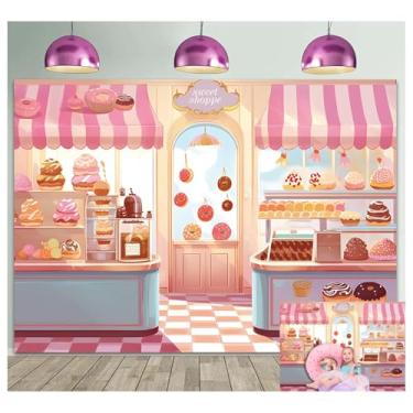 Imagem de HQM Pink Cute Sweet Shop Banner Donut Cake Candy Shop Padaria Bolo Donut Sorvete Meninas Princesas Aniversário Chá de Bebê Fotografia Pano de Fundo Suprimentos (14 x 8 m)