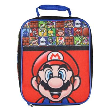 Imagem de Lancheira Super Mario Bros com design de bloco de personagens de videogame com isolamento térmico