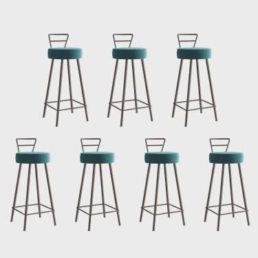 Imagem de Kit 07 Banqueta Alta Com Encosto Tina Eiffel Cozinha Bar Bistrô Ferro Marrom Suede Azul Turquesa - Ahz Móveis