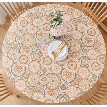 Imagem de Toalha de mesa redonda de vinil com borda elástica com forro de flanela – capa de plástico de PVC à prova d'água à prova de óleo (serve para mesas de até 114 cm - 142 cm de diâmetro)