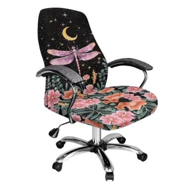 Imagem de Wanyint Capa de cadeira de escritório rosa com flor de libélula e lua, removível, giratória, para cadeiras de apoio de braço, capa removível de tecido elastano elástico, G