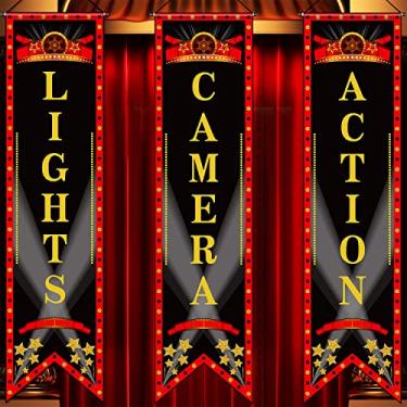 Imagem de Faixa de sinalização de varanda de cinema com tema de filme, decoração de festa, cinema bem-vindo agora, mostrando luzes, câmera, ação, sinal de varanda pendurado para casa, filme, pano de fundo,