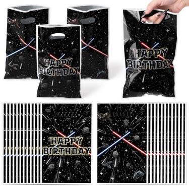 Imagem de BOpusail Bolsa Galaxy Movie Star – 50 peças preta de desenho animado galáxia, bolsa de lembrancinhas de doces, estampas de feliz aniversário com alças, sacolas de plástico para presente de lanche para