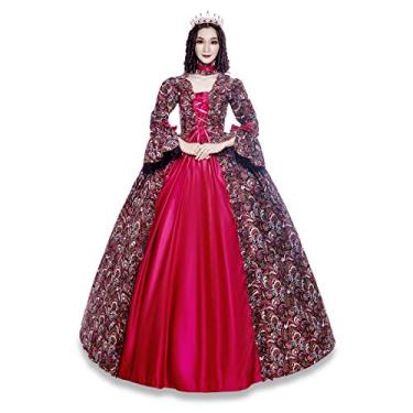 Imagem de CountryWomen Vestido vitoriano longo para festa, vestido de baile de máscaras rococó, Vermelho, Large