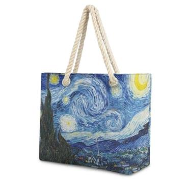 Imagem de Jolamirel Bolsa feminina Hobo grande com zíper, Van Gogh Monet, arte, lona, bolsa de viagem, bolsa de trabalho, Noite estrelada, One Size, Sacola grande