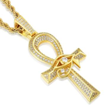 Imagem de Wisbal Pingente masculino de cruz Ankh olho de Hórus banhado a ouro quadrado cristal zircão Ankh pingente de latão, Latão, Zircônia cúbica
