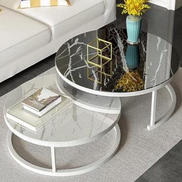 Imagem de Mesa De Centro Redonda Moderna Mesa De Aninhamento Vidro Temperado E Metal Mesa Lateral Conjunto De 2 Mesas De Centro Mesa De Estar, White Frame, Ø28in+Ø20in