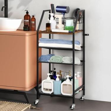 Imagem de OYEAL Carrinho de armazenamento de maquiagem com rodas, organizador de ferramentas de cabelo de 4 camadas, carrinho de armazenamento fino para banheiro com suporte de secador de cabelo para toalhas