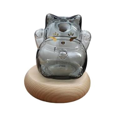 Imagem de Ｂｅｓｇａ Cofrinho de vidro, enfeite para economizar dinheiro, presente de festival, cofrinho em formato de gatinho fofo com base de madeira para prateleira, Cinza