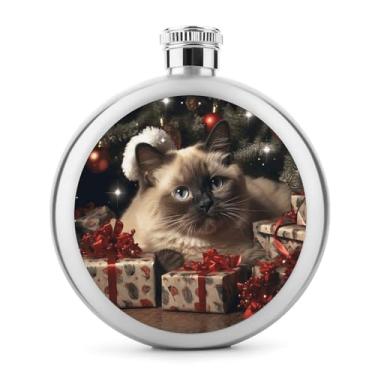 Imagem de Cantil de metal, Natal siamês gato impressão hip cantil aço inoxidável garrafa portátil frasco de viagem leve garrafa durável