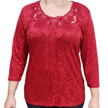 Imagem de Blusa Feminina 3/4 Pérola Oriental Rendas Vermelha