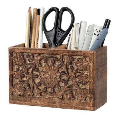 Imagem de Mie Creations Porta-lápis rústico com 2 compartimentos para organizador de mesa | Suporte de caneta de madeira esculpida à mão para mesa de mesa, acessórios de escritório de madeira | Artigos de