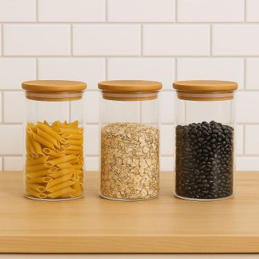 Imagem de Kit 3 Potes de Vidro Redondo com Tampa de Bambu 1500ml Hermético