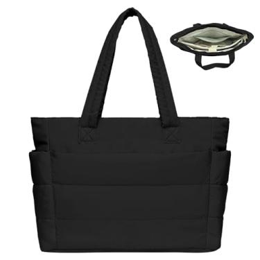 Imagem de Bolsa feminina acolchoada grande para laptop com zíper para viagens, academia, uso diário, Preto, One Size