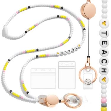 Imagem de Toykee Cordão de professor Breakaway com porta-crachás de identificação – Cordão de pescoço retrátil feminino com contas retrátil e suporte de crachá de plástico para cartões, chaves, navio de