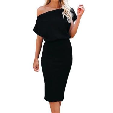 Imagem de Vestido Ezbelle Off Shoulder de manga curta canelado preto