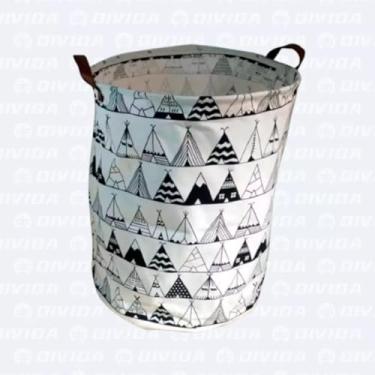 Imagem de Cesto de Roupa Decorativo com Estampa de Tendas Indígenas, Branco e Preto, para Banheiro