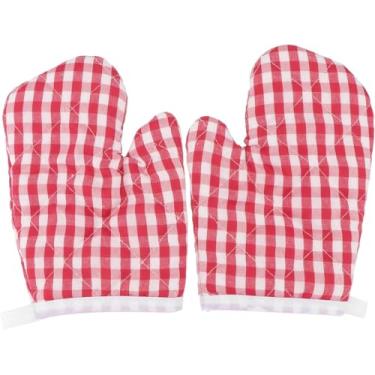 Imagem de 2 peças de luvas de forno infantis, luvas de cozinha de grade vermelha, luvas antiqueimaduras, micro-ondas para crianças pequenas, cozinhar, assar, churrasco, grelhar (vermelho)