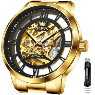 Imagem de OLEVS Relógios automáticos masculinos 43 mm esqueleto mostrador grande 3 ponteiros relógio de aço inoxidável vestido de luxo mecânico à prova d'água luminoso Wirst relógio presente, Dourado, preto
