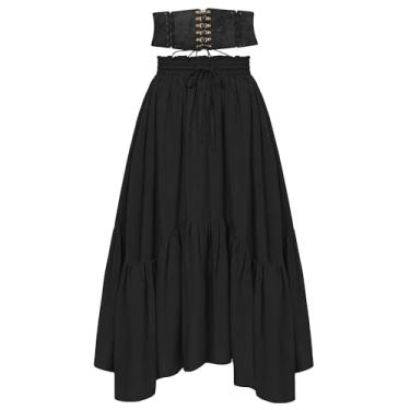Imagem de PARTTELY Fantasia renascentista feminina, saia maxi renascentista rodada com bolsos espartilho cinto para Halloween