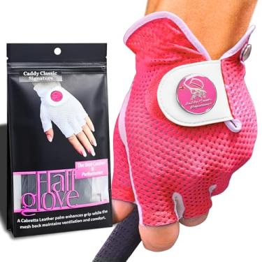 Imagem de Luva de golfe feminina clássica Caddy | Design de malha de meio dedo para alta respirabilidade | Construção de couro premium para ajuste confortável | Inclui marcador magnético elegante