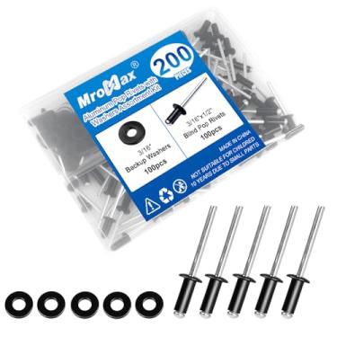 Imagem de 200 peças de rebites pop pretos de 3/40.6 cm x 1/5.1 cm com kit sortido de arruela, rebites cegos de alumínio de 4,8 x 13 mm, arruelas de aço inoxidável, cabo de alumínio e mandril de aço, para metal