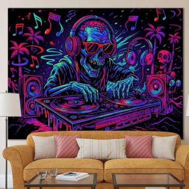 Imagem de BlissYard Tapeçaria DJ Skeleton Halloween BlackLight UV Reactive Neon Music Skull 78x59 polegadas festa psicodélica DJ cena com fones de ouvido toca-discos para quarto, dormitório, estúdio, sala de