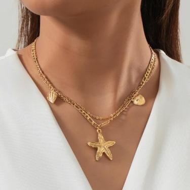 Imagem de Colares com pingente de concha/estrela do mar, âncora/golfinho, banhado a ouro 14K, joia de verão para mulheres, Medium, Latão, Sem Pedra Preciosa