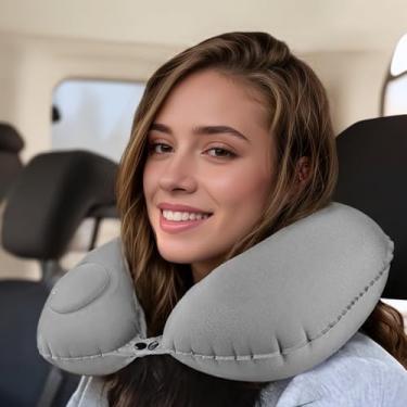 Imagem de Travesseiro inflável de pescoço para viagem avião trem carro, Cinza