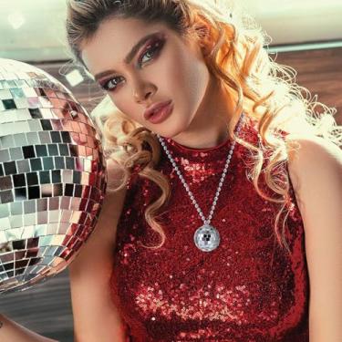 Imagem de Colar com pingente de bola de discoteca, pacote com 3 joias retrô de festa de dança dos anos 70, colar de corrente de bola espelhada para festivais, raves, Halloween e eventos temáticos, 70cm