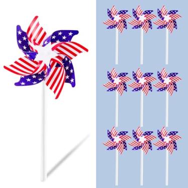 Imagem de 10 cata-ventos da bandeira americana - giradores de vento patrióticos para 4 de julho, decoração de quintal ao ar livre Memorial Day (vermelho, branco e azul)