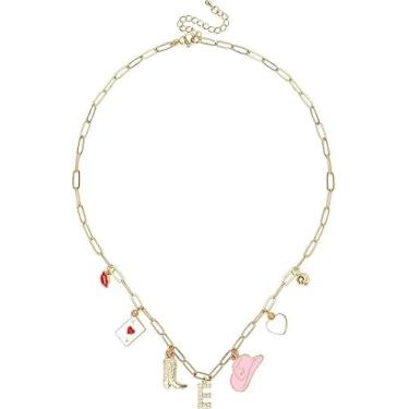 Imagem de Colar com pingente de letra de vaca ocidental dourado para mulheres, colar com pingente de vaca botas de vaca chapéu moderno clipe de papel corrente colar joia presente (E)