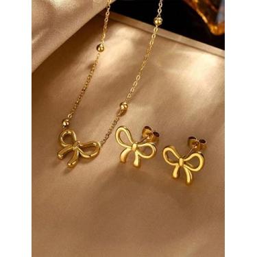 Imagem de Colar com pingente de laço e brincos conjunto de joias banhado a ouro contas minimalistas brincos de orelha corrente de clavícula romântica estilo retrô banquete acessórios de noiva presente de festa