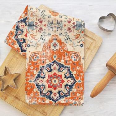 Imagem de Toalhas de cozinha com padrão floral vintage, boho vintage flor estética decorativa toalha de prato de microfibra absorvente toalha de chá, toalhas de mão laranja azul para casa de fazenda casa de