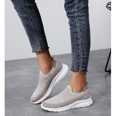 Imagem de Tênis feminino atlético sem cadarço confortável, leve, respirável, meia casual, malha antiderrapante, tênis de corrida, Cinza, 40