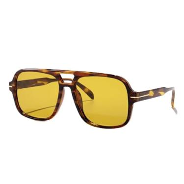 Imagem de Óculos de sol quadrados aviador de ponte dupla fashion para homens e mulheres óculos de sol retrô piloto para dirigir, viajar ao ar livre, estilo UV400, Armação de leopardo/lente amarela, Lens Width