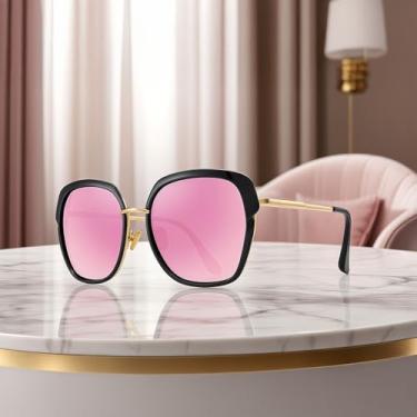 Imagem de Óculos de sol femininos vintage com armação de escudo grande para mulheres com caixa de presente, Armação preta/lente espelhada roxa/hastes douradas, Lens Width: 55 Millimeters