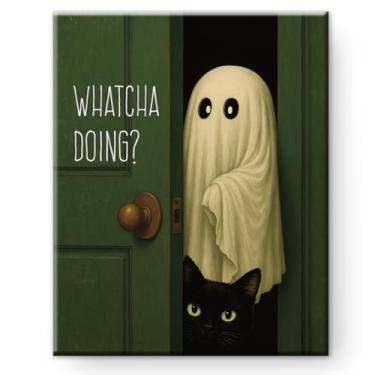 Imagem de Arte de parede de banheiro de Halloween de fantasma engraçado e gato - decoração de parede de banheiro fantasma fofo - Whatcha Doing arte vintage engraçada para banheiro tela emoldurada 20 x 25 cm