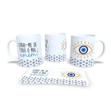 Imagem de Caneca Evil Eye Proteção, Porcelana Branca com Olho Grego Azul, Design Místico com Padrão de Amuletos, Livrai-me de Todo o Mal (17366)