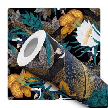 Imagem de Papel De Parede Adesivo Lavável Floral Folhagem Abstrato Dourada Branc