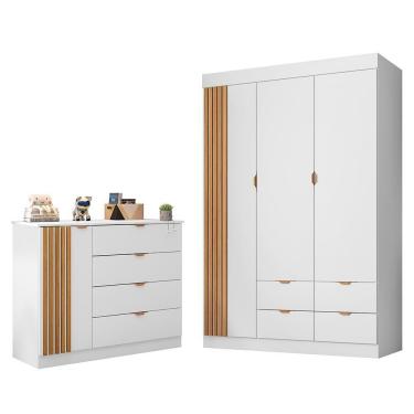 Imagem de Jogo De Quarto Infantil Ayla Com Guarda Roupa E Cômoda Branco Acetinado - Phoenix Baby Branco Acetinado