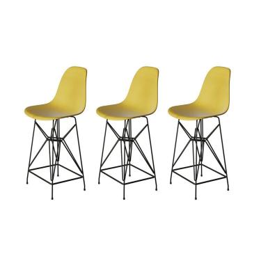 Imagem de Kit 3 Banquetas Bistrô Alta Eames Eiffel Amarela Base Ferro Preto - Cor: Amarelo