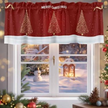 Imagem de Cortina de árvore de Natal de floco de neve para janelas com estrelas de neve vermelha para janelas de sala de estar/banheiro, cortina de café com bolso de haste