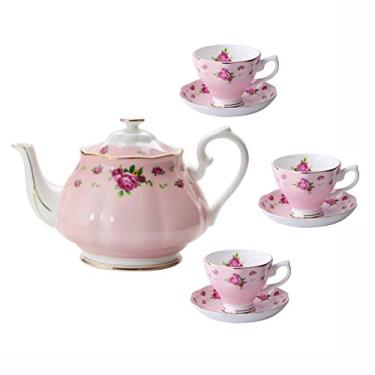 Imagem de Conjunto de chá de porcelana xícaras de café e pires Bone China conjunto de xícaras de café para chá da tarde bule de rosas do velho campo, azul (rosa) (rosa)