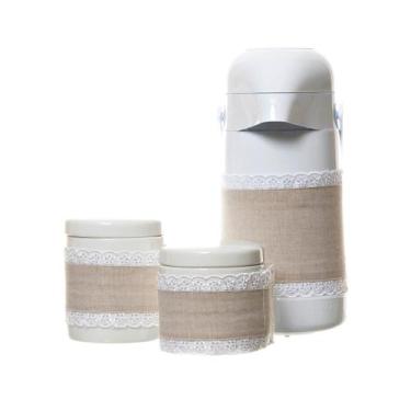 Imagem de Potes E Garrafa Com Capa Bege Quarto Bebê (Kit 3 Peças) - Potinho de m