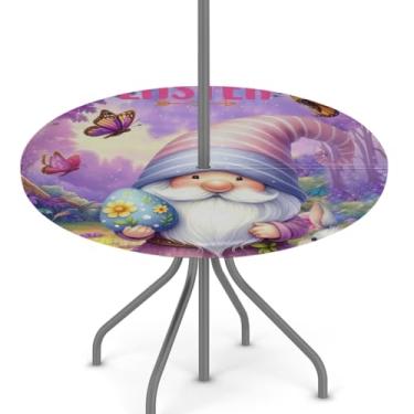 Imagem de hongjinglin Toalha de mesa de Páscoa para uso ao ar livre com orifício para guarda-chuva, toalha de mesa redonda elástica com zíper, impermeável, limpável, para piquenique, festa, pátio, serve para