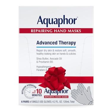 Imagem de Aquaphor Máscaras reparadoras de mão, luvas hidratantes para mãos secas, hidratante para pele seca com óleo de abacate e manteiga de karité, pacote com 6