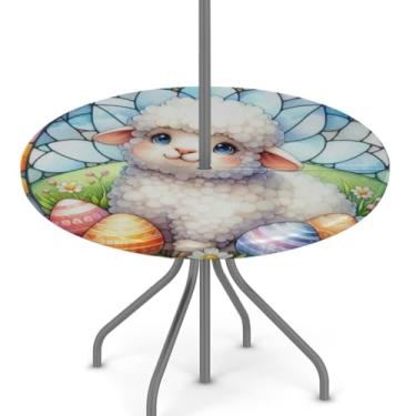 Imagem de hongjinglin Toalha de mesa de Páscoa para uso ao ar livre com orifício para guarda-chuva, toalha de mesa redonda elástica com zíper, impermeável, limpável, para piquenique, festa, pátio, serve para