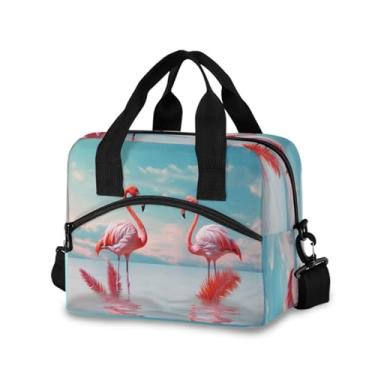 Imagem de Blueangle Lancheira isolada com estampa de flamingos rosa tropical, alça de ombro removível e alça - lancheira reutilizável para homens e mulheres (788)