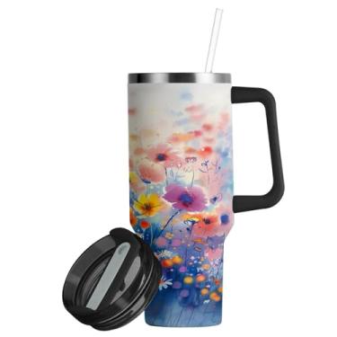 Imagem de ATTX Copo colorido de pintura em aquarela de 850 g com alça, copo de aço inoxidável a vácuo de parede dupla com palha, caneca de café de viagem isolada #303